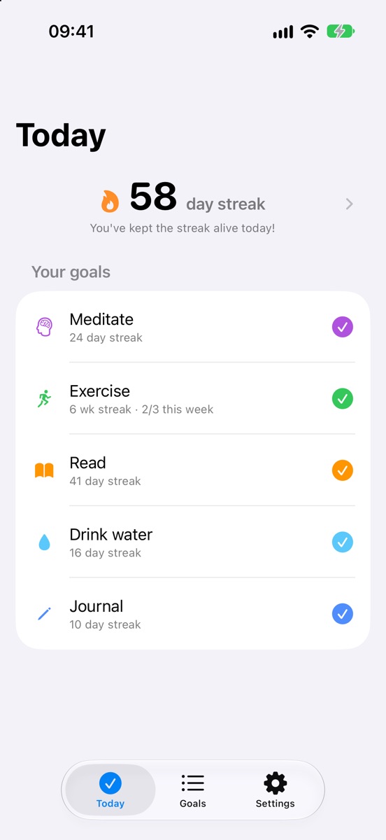 Habitate's Today screen showing a 58-day streak and five checked-in goals